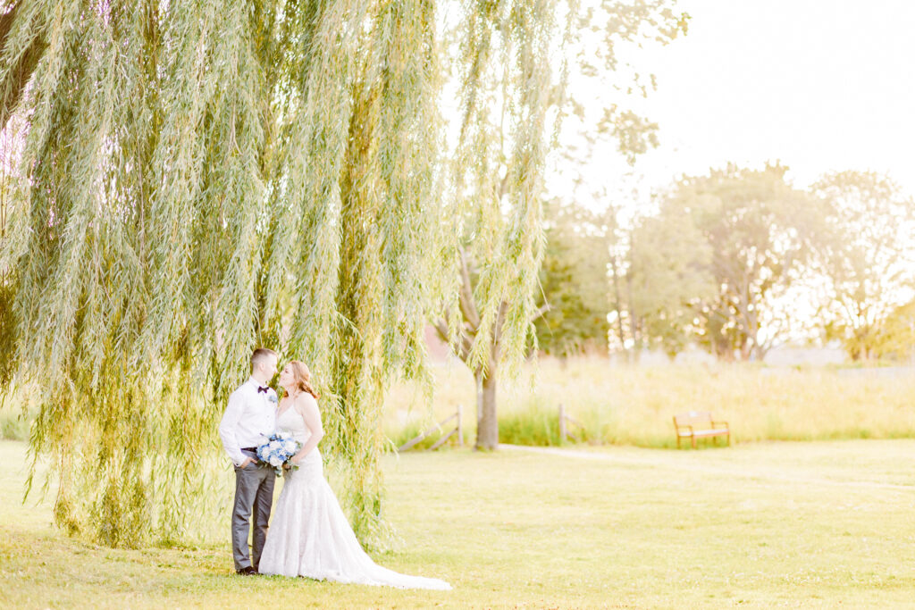 Bride and groom looking at each other beside a willow tree with golden light.