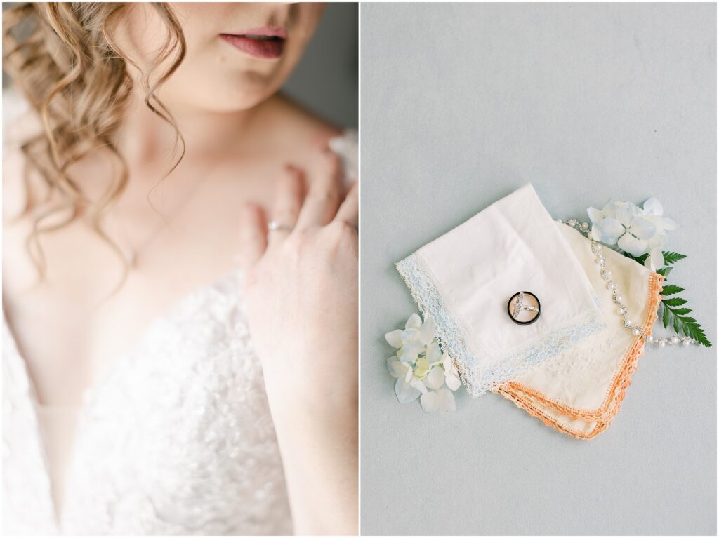 Bride details on her wedding day. Grandmothers handkerchiefs and wedding rings.