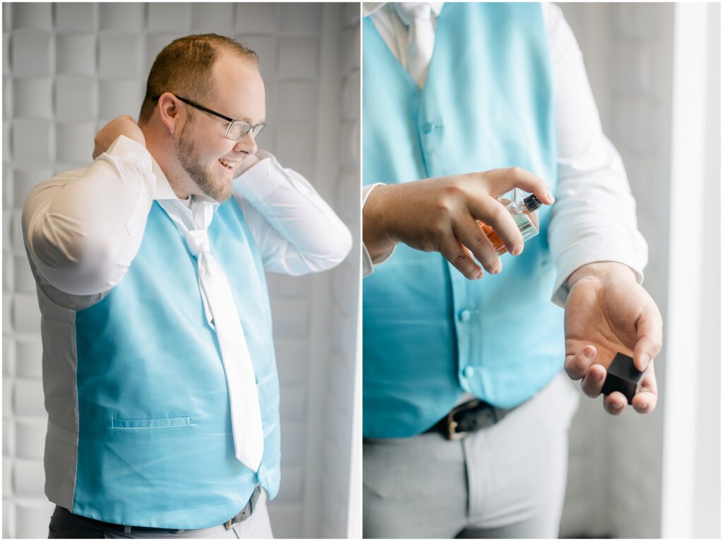 Groom putting on his cologne on his wedding day.