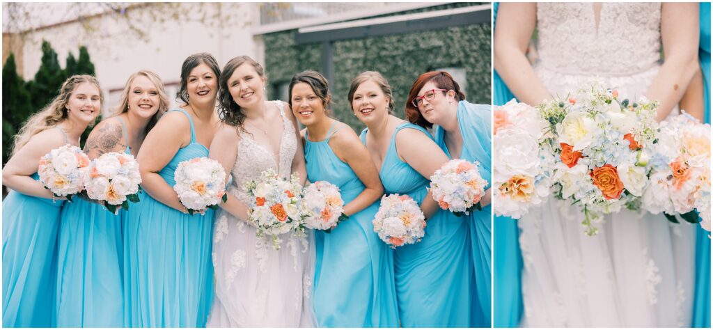 Bride with bridesmaids in blue dresses holding bouquetes.