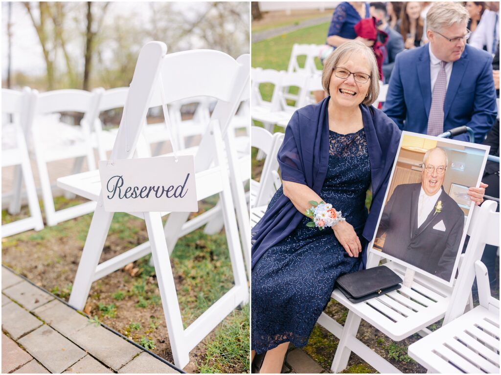 Photo of grandmother at wedding with a photo of her husband.
