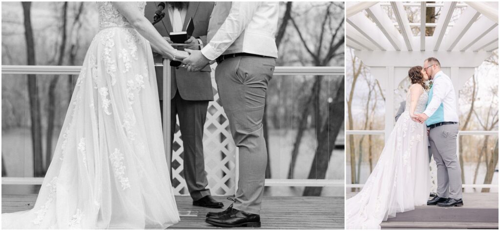 Photo of bride and groom holding hands during ceremony. Photo of bride and groom kissing as they say "I do".