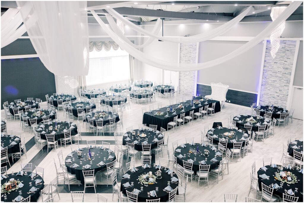 Photo of wedding reception overhead with tables and chairs.