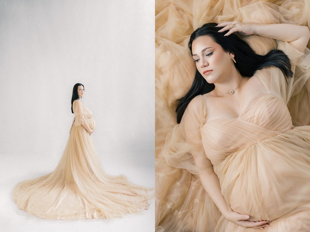 Abigail’s solo studio maternity portrait at Haley Hundt Studio with soft natural light highlighting her pregnancy glow.