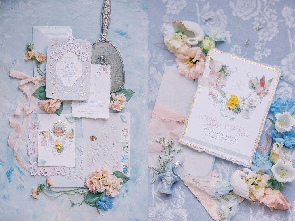 Refined French château wedding reception with elevated florals and custom stationery near Paris