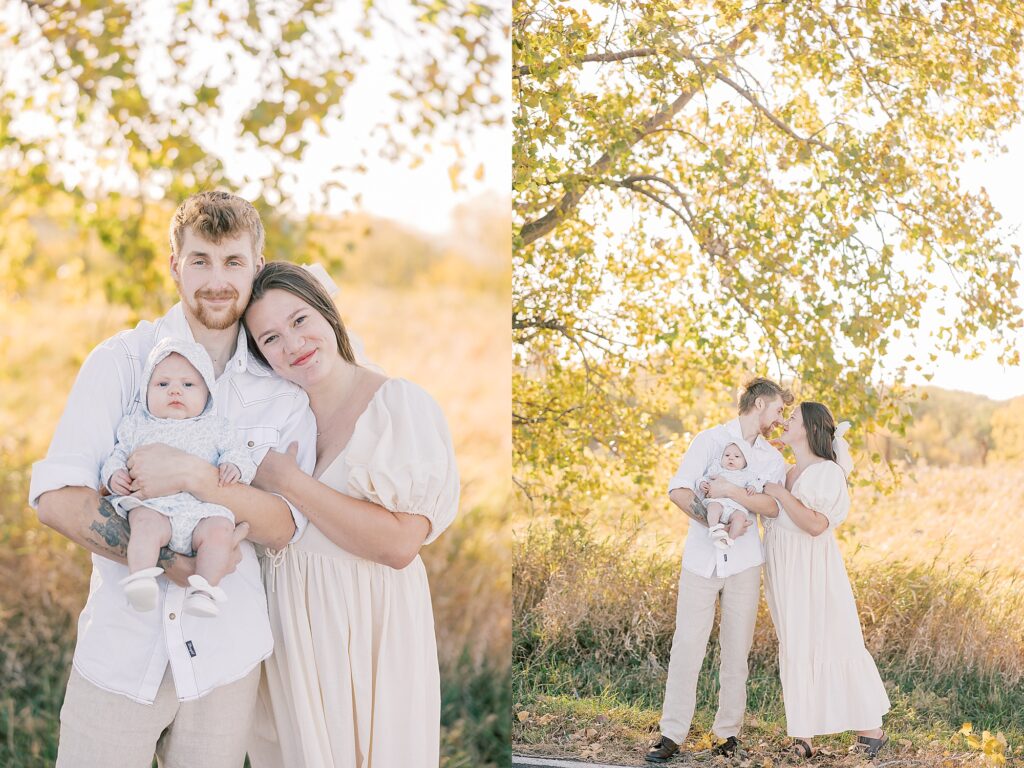 Family portrait session in La Crosse Wisconsin during fall with golden autumn leaves