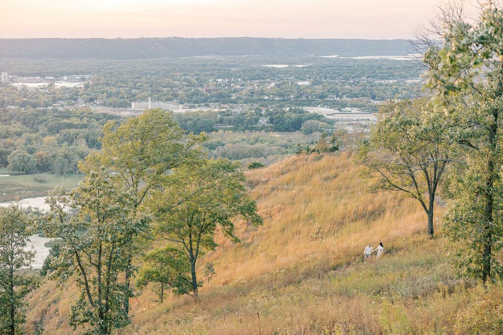 Engagement session in the Driftless Region featuring scenic Wisconsin bluffs