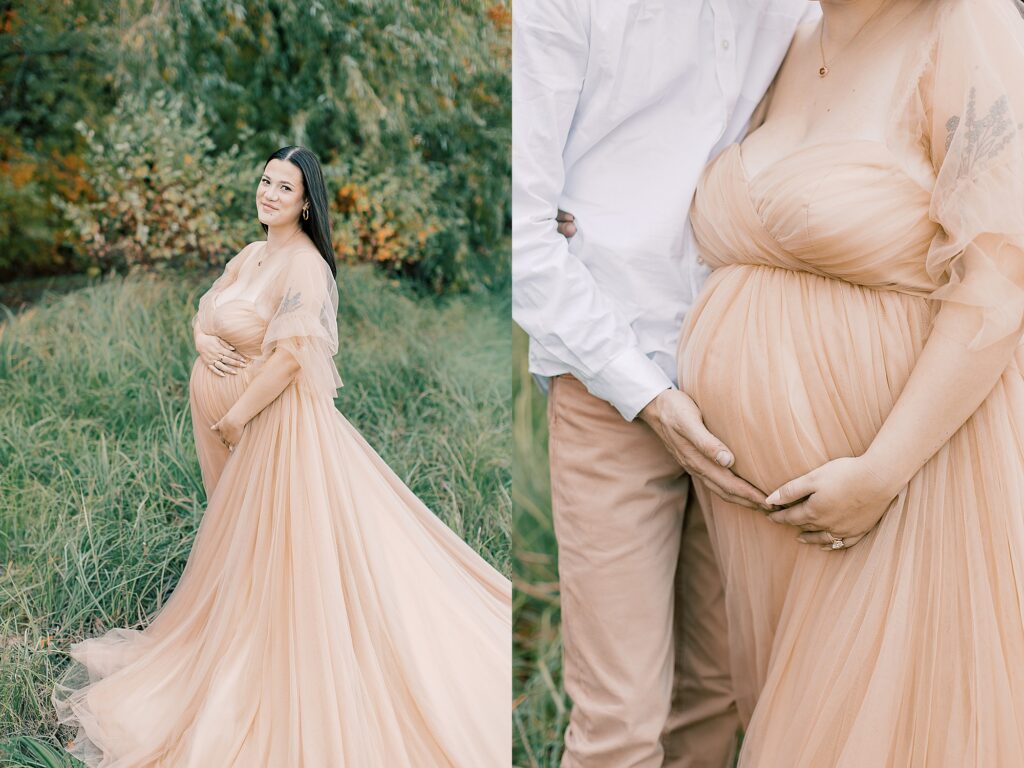Abigail and Owen holding hands with Lainey sitting nearby among colorful fall leaves in La Crosse.