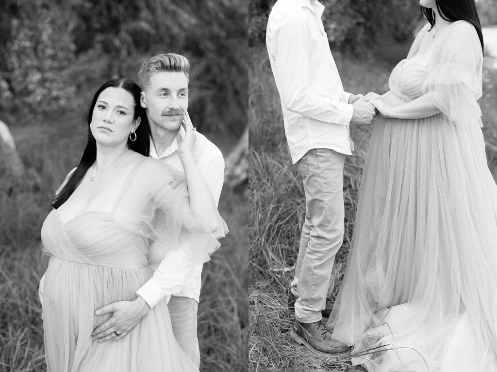 Abigail and Owen holding hands with Lainey sitting nearby among colorful fall leaves in La Crosse.