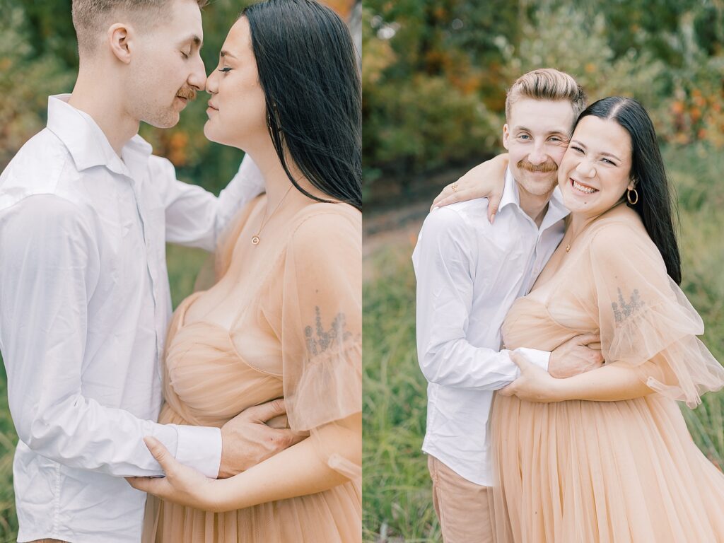 Abigail and Owen holding hands with Lainey sitting nearby among colorful fall leaves in La Crosse.