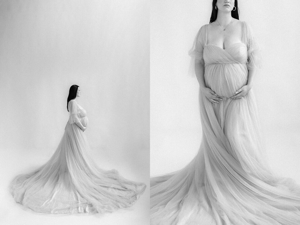 Abigail’s solo studio maternity portrait at Haley Hundt Studio with soft natural light highlighting her pregnancy glow.