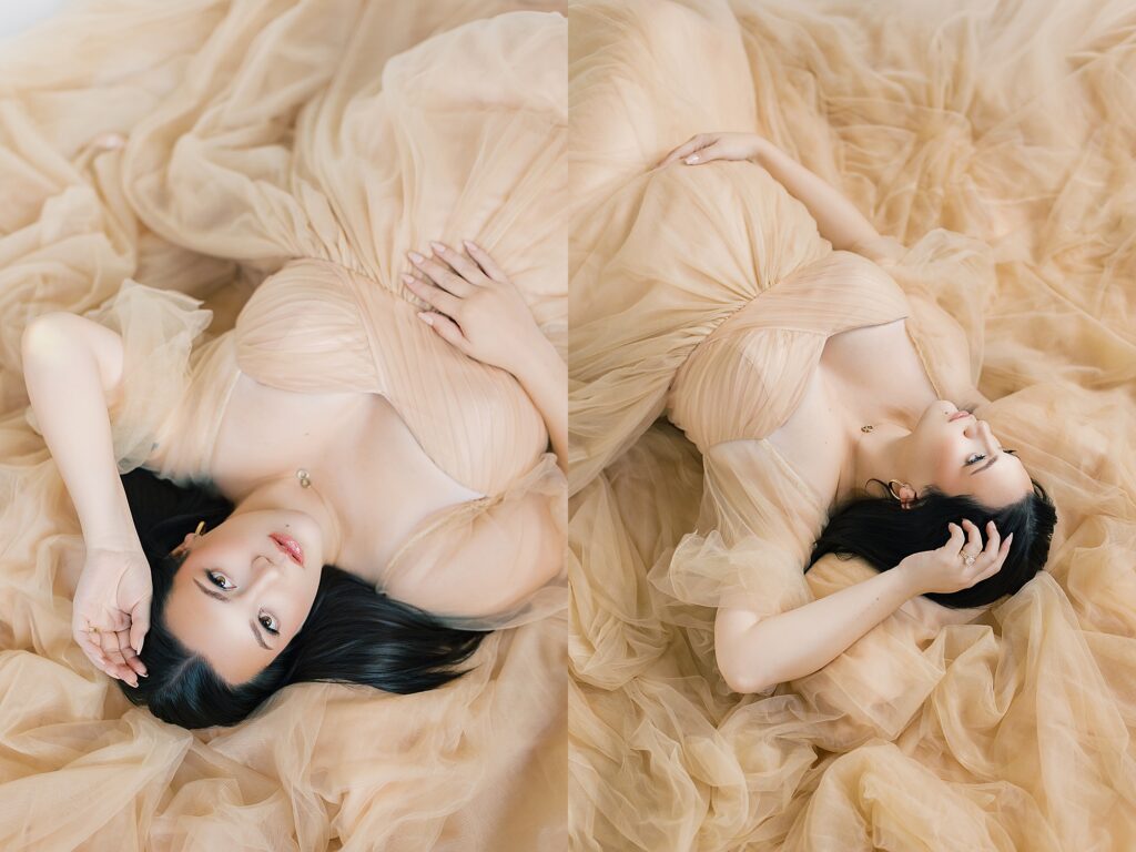 Abigail’s solo studio maternity portrait at Haley Hundt Studio with soft natural light highlighting her pregnancy glow.