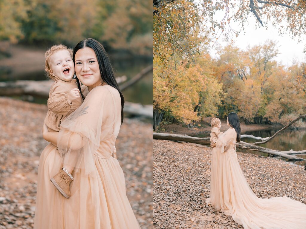 Close-up of Lainey laughing in cream dress outdoors during the Peter family fall session.