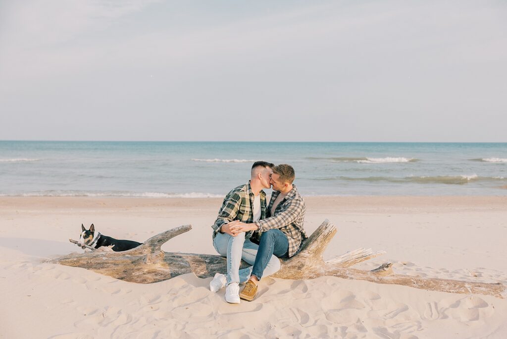 Kohler Andrae State Park engagement session featuring couple and their dog