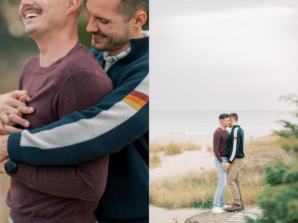 Couple embracing in the sand dunes at Kohler Andrae State Park engagement session