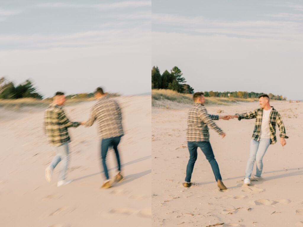 Wisconsin engagement photographer capturing couple on Lake Michigan shoreline