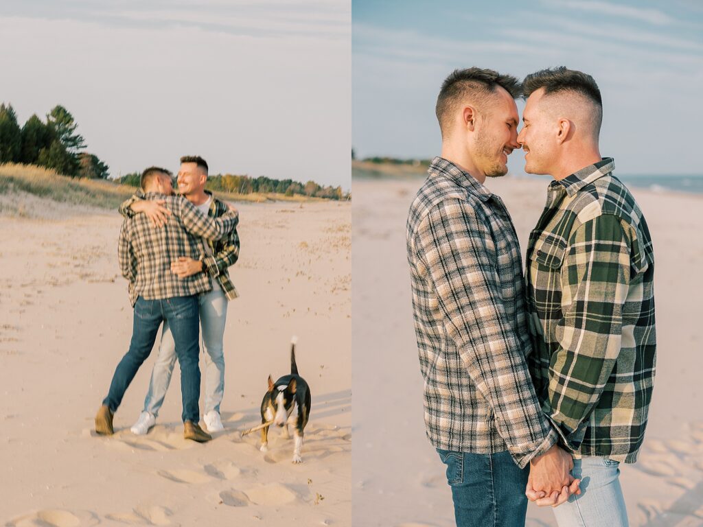 Kohler Andrae State Park engagement session featuring couple and their dog