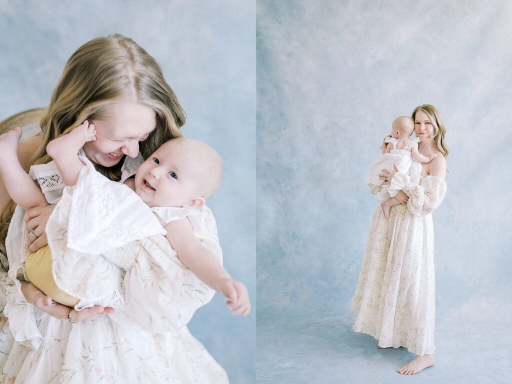 Tender connection between mother and infant captured in timeless studio portrait